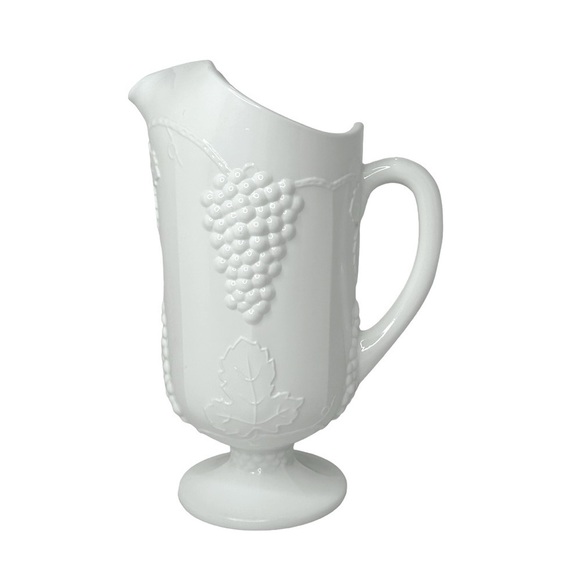 VINTAGE Milk glass Pitcher Indiana Harvest Footed Handled Grape Leaf White - Picture 1 of 7